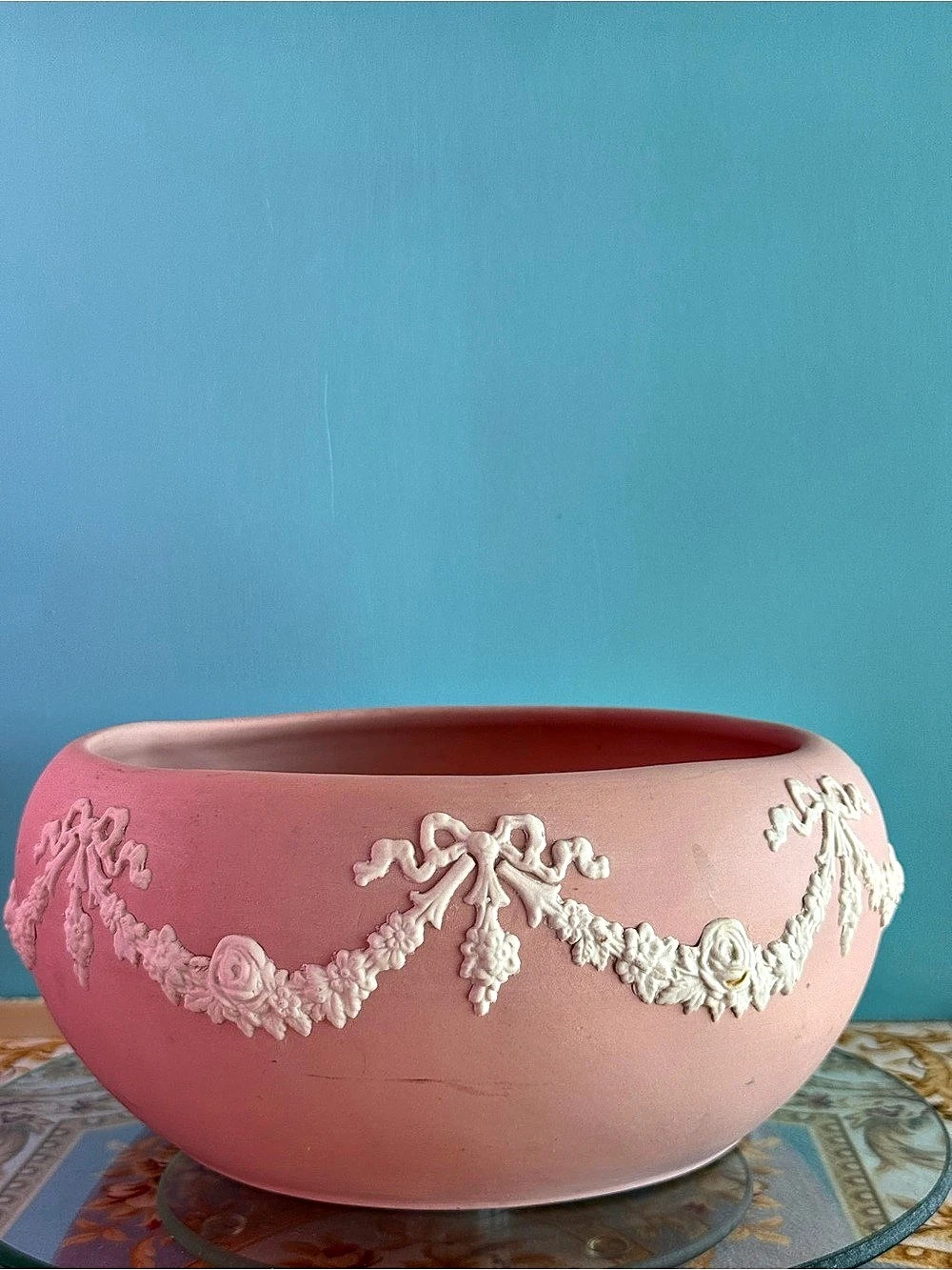 Ecanada Art Pottery Pink & White Art jasperware Pottery Bowl